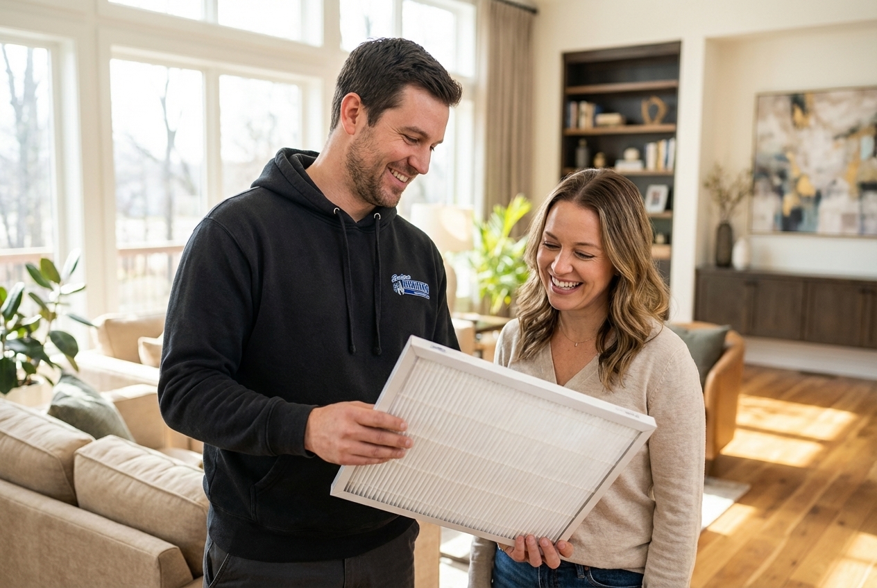 Sarkinen technician showing a clean air filter to homeowner