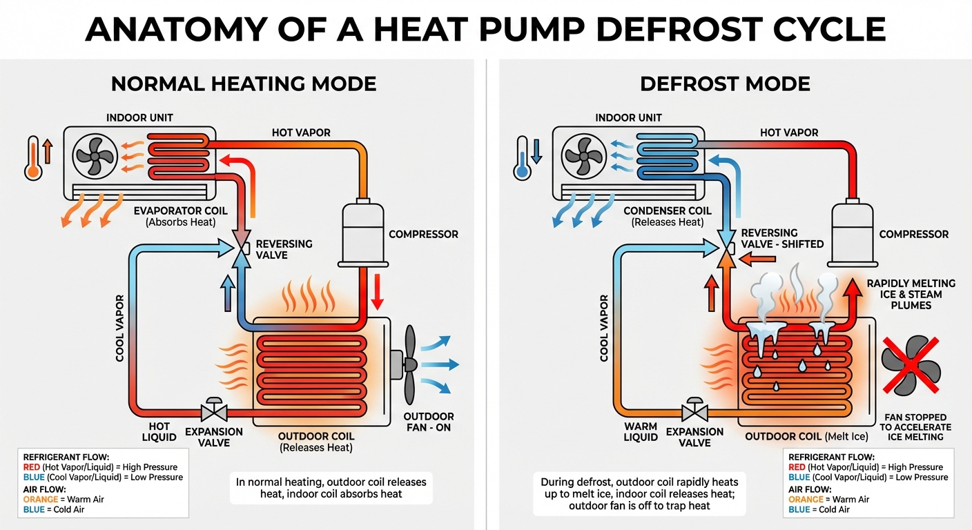 Anatomy of a Heat Pump Defrost Cycle showing refrigerant flow reversal