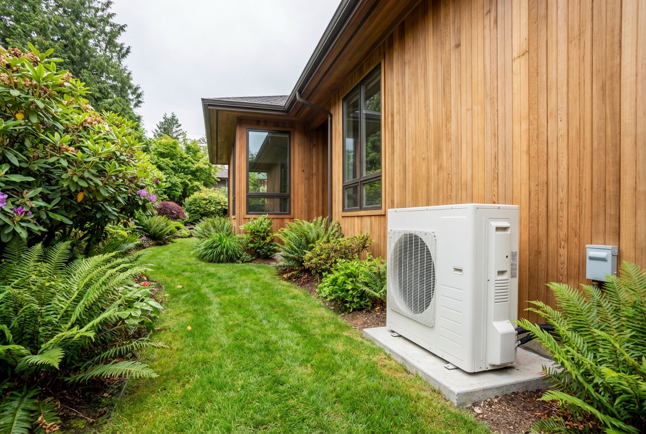 Modern heat pump outdoor unit at a Pacific Northwest home
