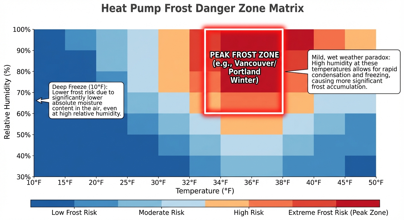 Heat Pump Frost Danger Zone Matrix showing temperature and humidity conditions that cause maximum frost formation
