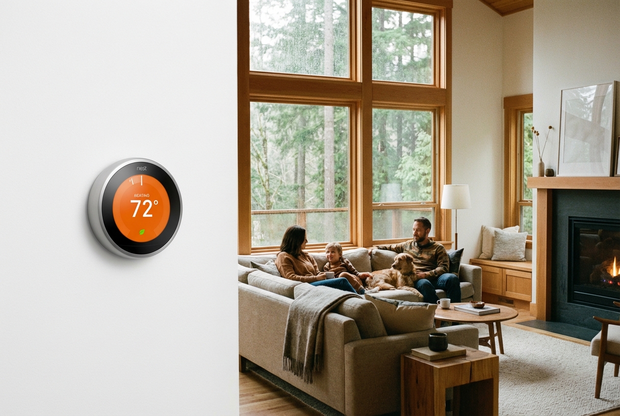Smart thermostat in a comfortable Pacific Northwest home