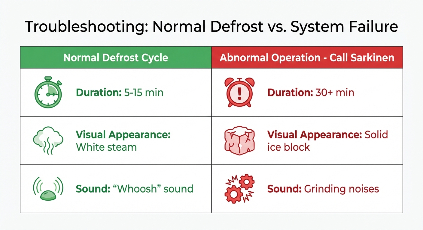 Troubleshooting guide comparing normal defrost operation to system failure symptoms